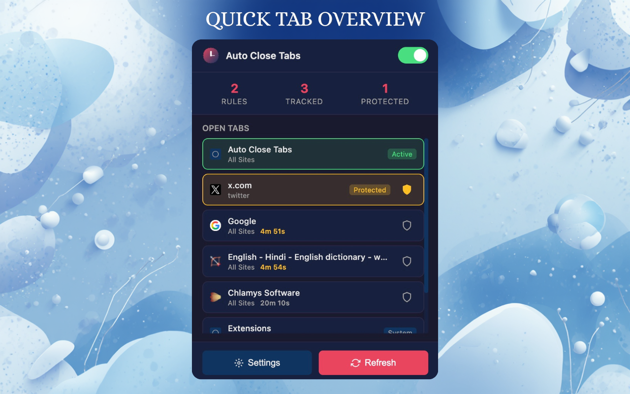 Auto Close Inactive Tabs - Main interface