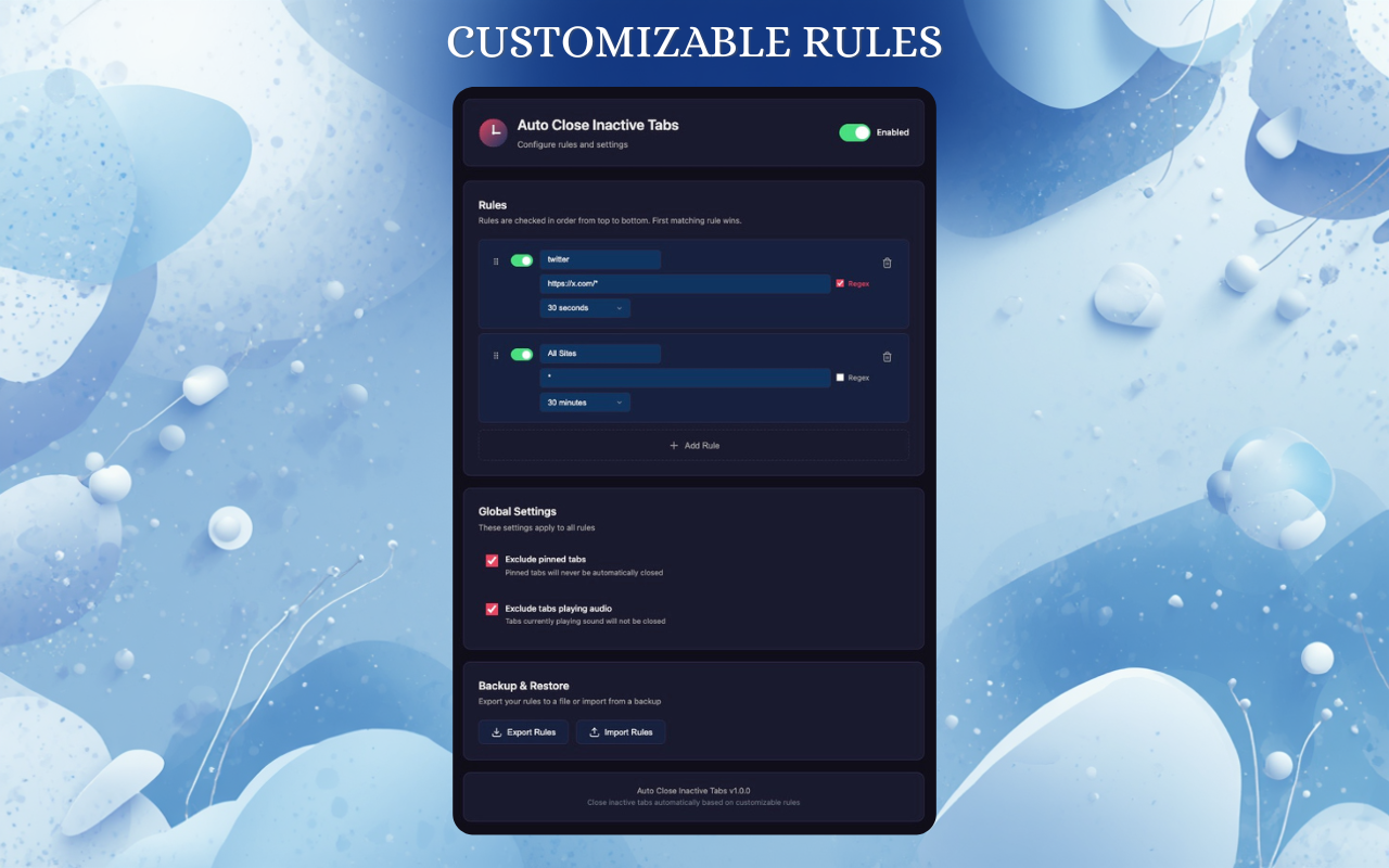 Auto Close Inactive Tabs - Rules configuration